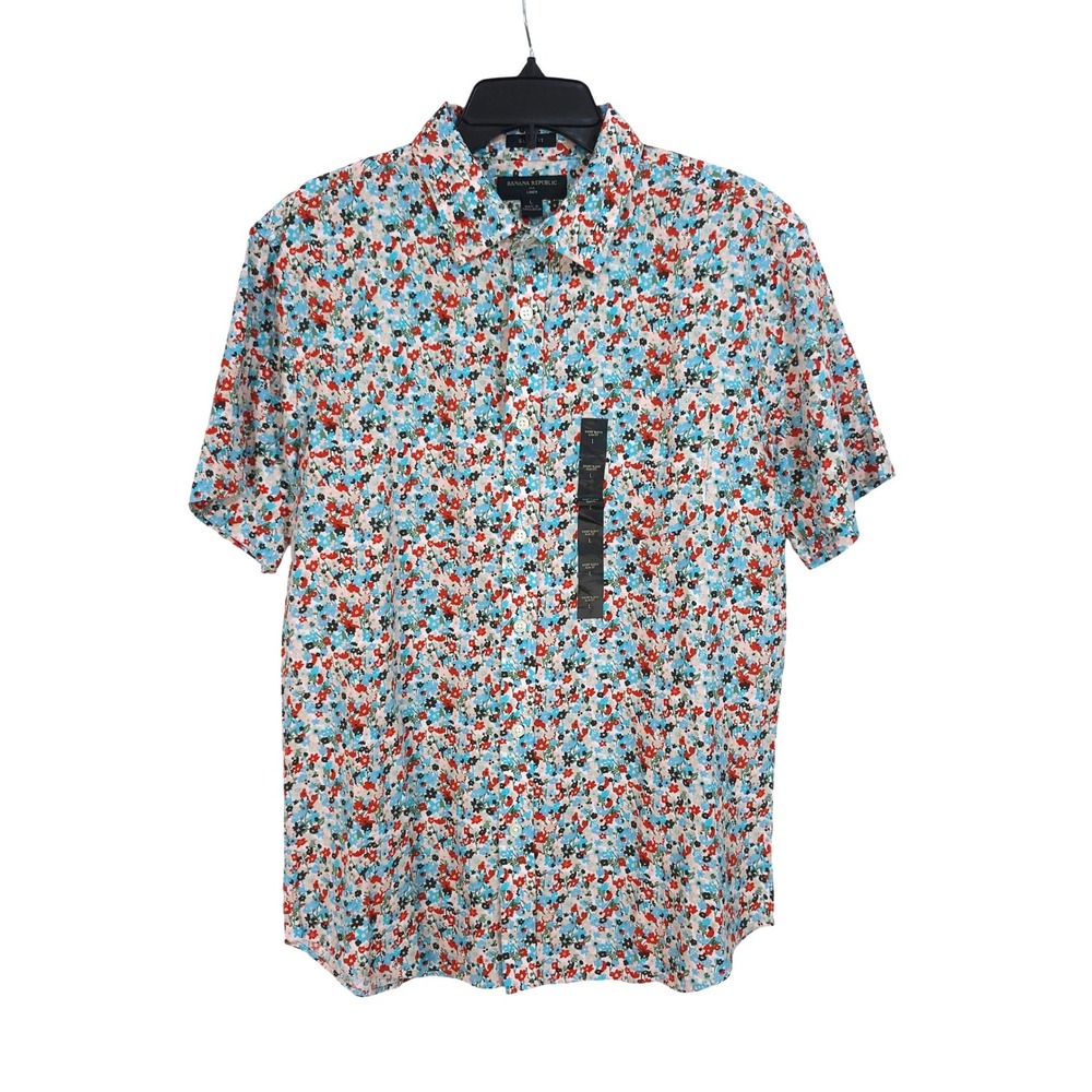 NEW Banana Republic Slim Fit Linen Blend Short Sleeve Floral Shirt Mens Large